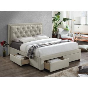 Vente-unique Tweepersoonsbed met lades en opbergruimte - beige velours - 160 x 200 cm - LEOPOLD L 216.5 cm x H 122.2 cm x D 165 cm