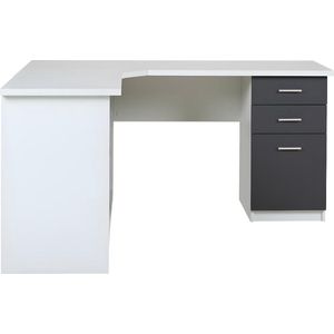 Hoekbureau NORWY - Wit en Antracietgrijs - MDF Blad met Granieteffect - 2 Deuren en 2 Laden