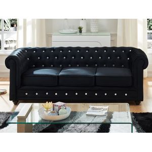 Driezitsbank CHESTERFIELD - fluweel - zwart met kristallen knopen L 205 cm x H 72 cm x D 88 cm