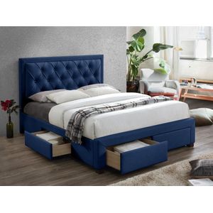 Tweepersoonsbed met lades en opbergruimte - Blauw velours - 160 x 200 cm - LEOPOLD