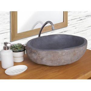 Vente-unique Wastafel van riviersteen WATU - Grijs L 50 cm x H 15 cm x D 45 cm