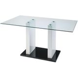 Eettafel SAMIRA - 6 personen - Gehard glas en wit gelakt MDF