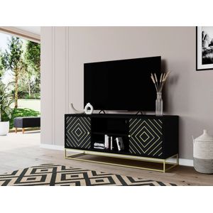 Tv-meubel PRISMIN - 2 deuren en 2 laden - Mango en metaal - Zwart L 130 cm x H 55 cm x D 40 cm