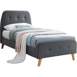 Bed ROMEO met gestoffeerde hoofdeinde - 90 x 190 cm - Grijze stof