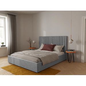 Kofferbed met hoofdeinde bed met verticale stiksel SARAH - 140 x 190 cm - Stof - Grijs L 153 cm x H 120 cm x D 209 cm