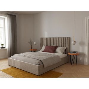 Bed met opbergruimte met hoofdbord met verticale stiksels SARAH - 140 x 190 cm - Stof - Beige