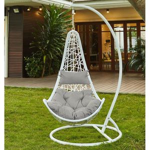 MYLIA Hangstoel van Gevlochten Hars - Wit met Grijs Kussen - OROSI L 105 cm X H 195 cm X D 105 cm