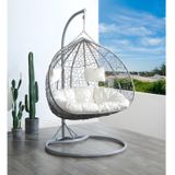 MYLIA Tweezits hangstoel CAYAMBE van gevlochten hars - Grijs met witte kussens L 120 cm x H 204 cm x D 120 cm