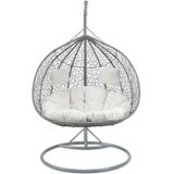 MYLIA Tweezits hangstoel CAYAMBE van gevlochten hars - Grijs met witte kussens L 120 cm x H 204 cm x D 120 cm