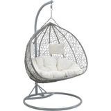 MYLIA Tweezits hangstoel CAYAMBE van gevlochten hars - Grijs met witte kussens L 120 cm x H 204 cm x D 120 cm