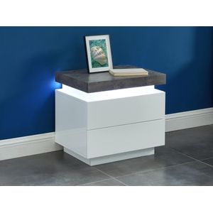 Vente-unique Nachtkastje - 2 lades - Gelakt mdf - Met ledverlichting - Kleur: wit en betongrijs - HALO II L 55 cm x H 50 cm x D 40 cm