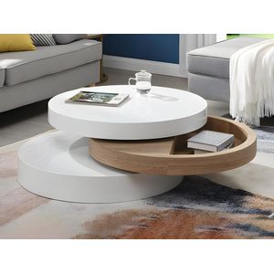 Vente-unique - Couchtisch rund - drehbar - 1 Ablagefach - mdf - Weiß & Holzfarben hell - janita