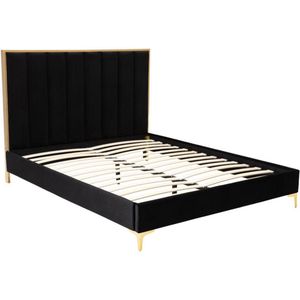 Bed CLARISSE met hoofdeinde met verticale stiksels - 160 x 200 cm - Fluweel - Zwart en goudkleurig