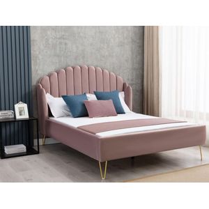 Bed met glooiend hoofdeinde - 140 x 190 cm - Fluweel - Oud roze - SAGALI