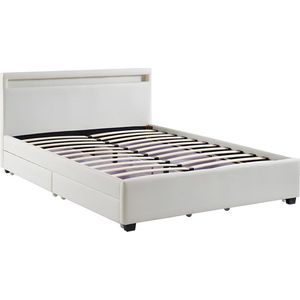 Bed met opbergruimte - 160x200cm - Wit kunstleer met LEDs - ALOIS L 216 cm x H 85 cm x D 170 cm