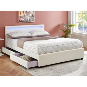 Vente-unique Bed met opbergruimte - 140x190cm - Wit kunstleer met LEDs - ALOIS L 205 cm x H 85 cm x D 151 cm