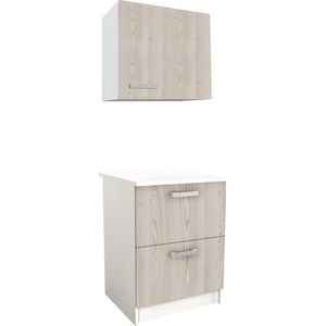 Keukenkast TRATTORIA - 1 laag meubel en 1 hoog meubel - Eiken en wit L 60 cm x H 84.8 cm x D 60 cm