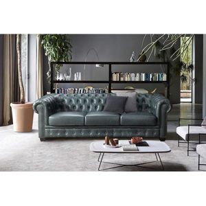 Chesterfield zitbank 4 plaatsen BRENTON 100% buffelleer - Spaans groen