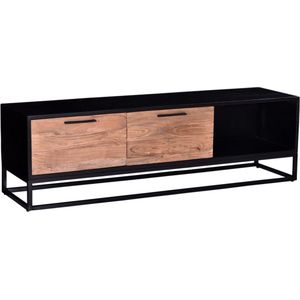 Tv-meubel met 2 lades en 1 nis van acaciahout en metaal - Donker naturel en zwart - ALYONA