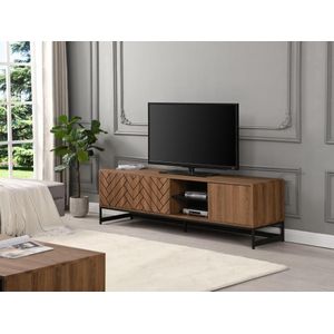 Tv-meubel met 3 deuren en 2 nissen - Mdf - Naturel en zwart - CARATANA