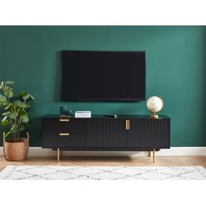 TV-meubel - 2 deuren en 2 laden - MDF en metaal - Zwart en goud - LIKANA L 160 cm x H 57 cm x D 43.5 cm