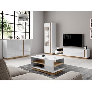 TV-meubel MURARI - 2 deuren en 2 nissen - met ledverlichting - Hoogglans wit en eiken