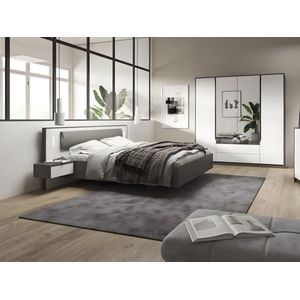 Bed met hangende nachtkastjes - 160 x 200 cm - Met ledverlichting - Grijs en wit- SEGOLA