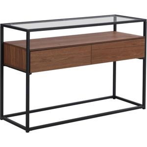 Buffetkast met 2 lades van mdf, gehard glas en metaal - Donker naturel - CAMATA L 120 cm x H 78 cm x D 40 cm