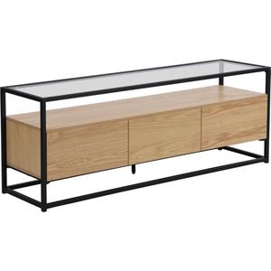 Tv-meubel met 3 lades van mdf, gehard glas en metaal - Licht naturel en zwart - CAMATA L 150 cm x H 55 cm x D 40 cm