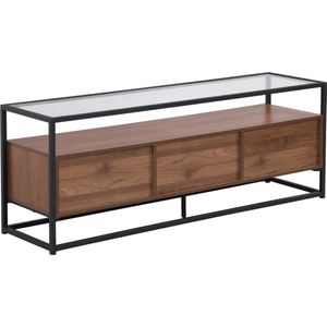 Tv-meubel met 3 lades van mdf, gehard glas en metaal - Donker naturel en zwart - CAMATA L 150 cm x H 55 cm x D 40 cm