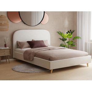 Bed - 140 x 190 cm - Stof met kruleffect - Ecru - SANTADI L 152 cm x H 86 cm x D 202 cm