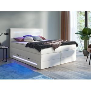 Complete boxspring met hoofdeinde met LEDs, bedbodem met opbergruimte, matras en dekmatras - Wit - Kunstleer - 160 x 200 cm - KEROS van DREAMEA