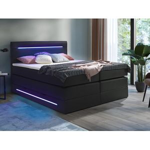 DREAMEA Complete boxspring met hoofdeinde met LEDs, bedbodem met opbergruimte, matras en dekmatras - Zwart - Kunstleer - 160 x 200 cm - KEROS van DREAMEA L 200 cm x H 118 cm x D 160 cm