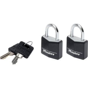 Master Lock 9130EURTBLK 2-delige set hangsloten met sleutel van aluminium met vinyl afdekking, zwart, 3 x 5,2 x 1,6 cm