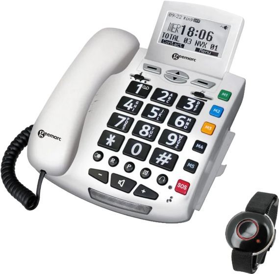 Geemarc Serenities - Versterkte bedrade telefoon en zijn waterbestendige SOS-armband met grote toetsen en krachtige beltoon voor ouderen – laag of gemiddeld gehoorverlies – Franse versie