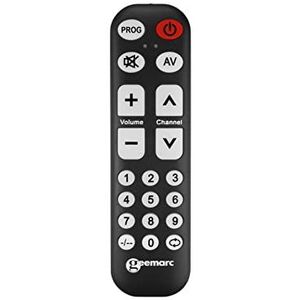 Geemarc TV1 universele afstandsbediening eenvoudig te bedienen met 19 programmeerbare knoppen, vereist een originele afstandsbediening om te koppelen, werkt met infrarood