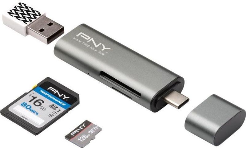 PNY - Type-C - USB-kaartlezer - Grijs - Metalen Ontwerp