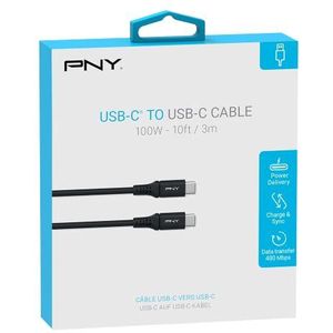 PNY USB-C naar USB-C kabel met 3 m lengte, tot 100 W, ideaal voor het opladen en synchroniseren van laptops, smartphones, tablets en andere apparaten met USB-type C.