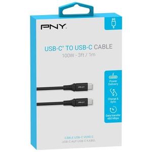 PNY USB-C naar USB-C-kabel, 1 m, tot 100 W, ideaal voor het opladen en synchroniseren van laptops, smartphones, tablets en andere USB-type C-compatibele apparaten en accessoires.