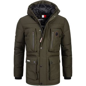 Geographical Norway Winterjas voor heren, parka, capuchon, patch op zak, borst en mouw, kaki, S