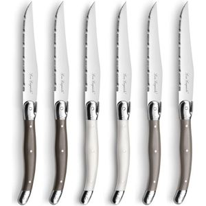 Lou Laguiole - Tradition 6 Steakmessen + Messenblok - Peper/Parel/Taupe