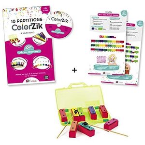 Fuzeau - 78233 - ColorZik complete set kinderrijmen + instrument - boek + CD + mini metalen onotten 8 gekleurde messen - muziekspeelmethode zonder zwavel - 10 gekleurde noten - vanaf 3 jaar