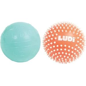 LUDI - 2 sensorische zachte geribbelde en noppenballen - babyspeelgoed - vanaf 6 maanden - ontwikkelt aanraking, fijne motoriek en ontdekking - diameter 13 cm - oranje en blauw