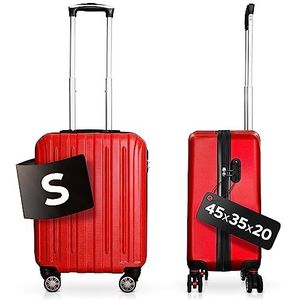 DS-Lux Hoogwaardige reiskoffer, koffer, harde schaal, trolley, rolkoffer, handbagage, ABS-kunststof, met TSA-slot, 4 spinner wielen, (S-M-L-set), rood, Small, Verpakt met zwenkwielen