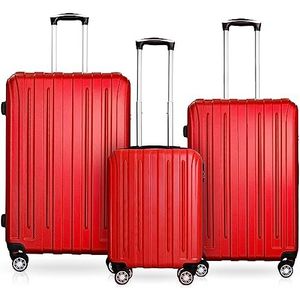 DS-Lux Hoogwaardige reiskoffer, koffer, harde schaal, trolley, rolkoffer, handbagage, ABS-kunststof, met TSA-slot, 4 spinner wielen, (S-M-L-set), rood, Set, Verpakt met zwenkwielen