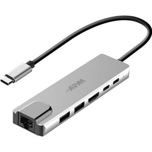 APM USB C-hub, 6-in-1, HDMI 4K, RJ45 Gigabit Ethernet, USB Type-C naar USB 3.0 en USB C PD Charge 100W, compatibel met Windows MacOS Linux ChromeOS PC XPS MacBook Chromebook, 570518