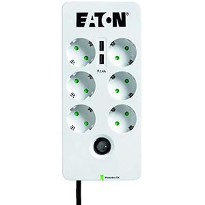 Eaton Protection Box 6 USB DIN - stekkerdoos met overspanningsbeveiliging (6-voudige Schuko-aansluiting, schakelbaar, USB-uitgangen) - wit