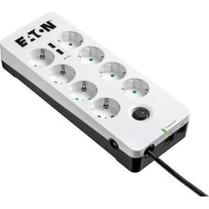Eaton Protection Box 8 Tel@ USB DIN - stekkerdoos met overspanningsbeveiliging (8-voudige Schuko-aansluiting, schakelbaar, telefoonbescherming en USB-uitgangen) - wit