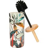 WC-/toiletborstel met houder rond wit met gekleurd tropisch blad patroon zandsteen/bamboe 38 cm