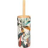 WC-/toiletborstel met houder rond wit met gekleurd tropisch blad patroon zandsteen/bamboe 38 cm